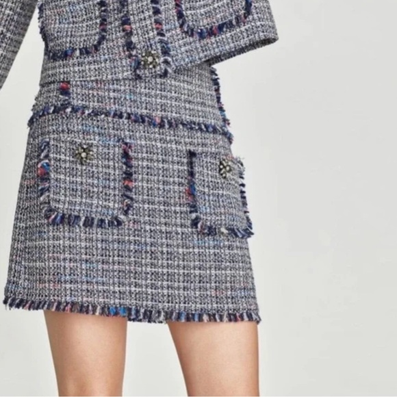 Zara Tweed Skirt With Embellishments Fringe Gem Size M - Picture 1 of 4